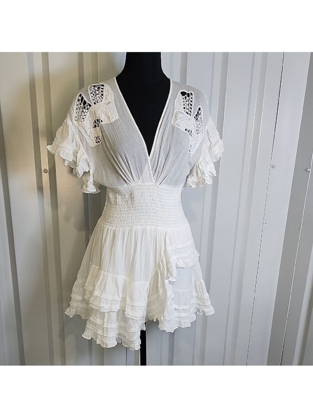IRO Mapple Soft White Textured Cotton Smocked Waist Mini Dress Size EU 38 US 4/6